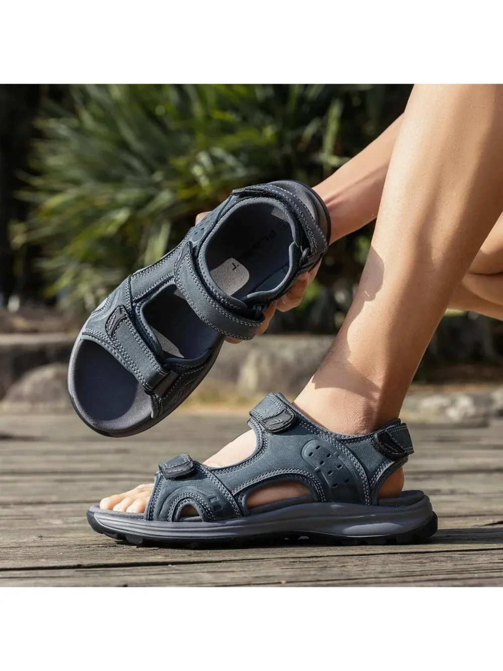 Men's All Grey Adjustable Open Toe Leather Athletic Sport Hiking Sandal Shoes